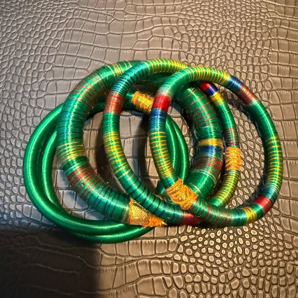 Silk, Vibrant Green, gold and Multicolor Silk Bangles 5 pc.